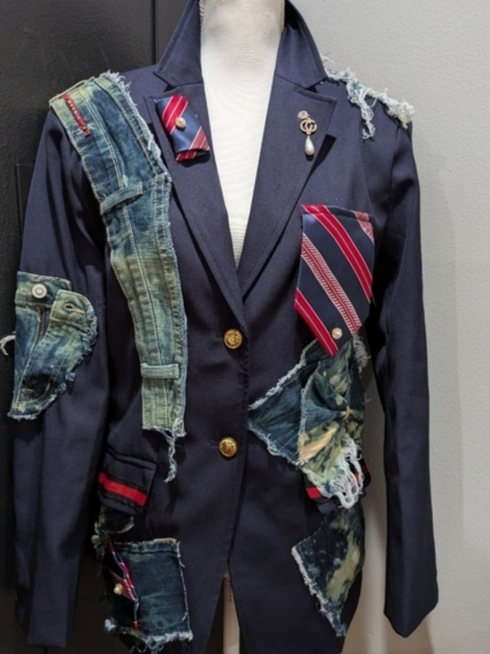Navy Patchwork Blazer with Denim & Tie Accents